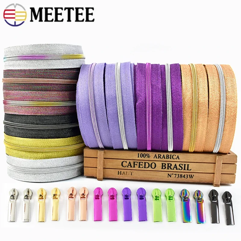 

2/5M Meetee 5# Nylon Zippers with Zipper Slider Colored Bag Pocket Decorative Zips Coil Clothes Cabbage Zip Repair Kit Accessory