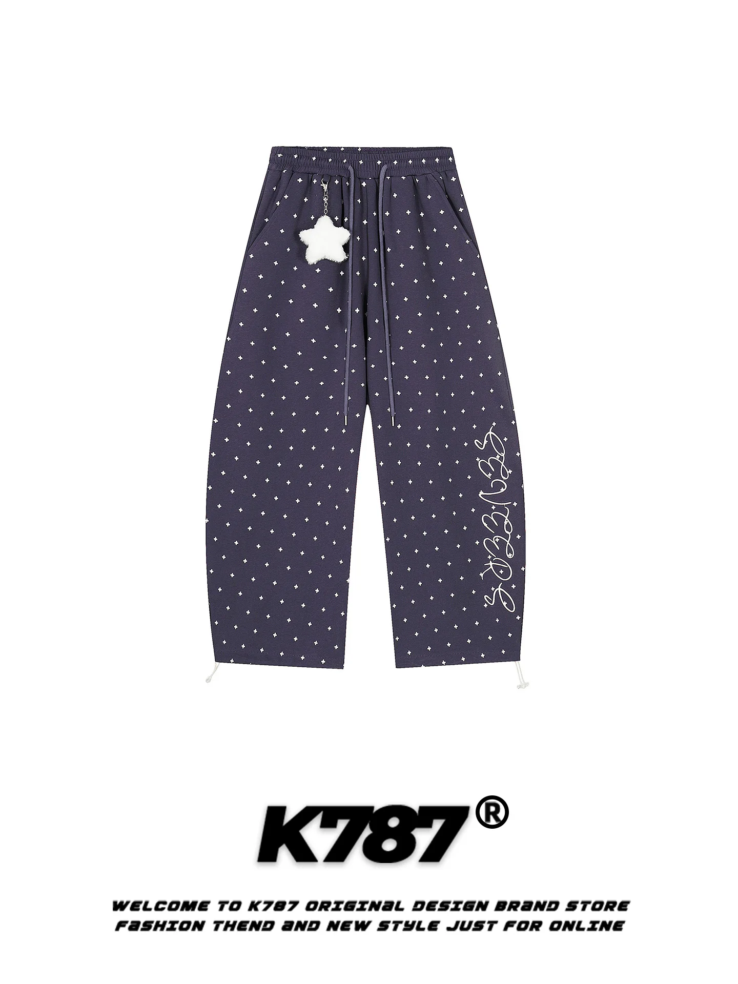 

K787 American Retro Star Pendant Loose Casual Sweatpants High Waist Rope Tied Floor-Length Pants ex Comfortable Straight ...
