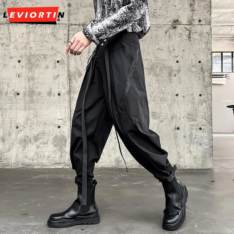 

Men Casual Pants Patchwork Waist Rope Pleated Joggers Streetwear Trousers Men Loose Fashion Personality Pantalon