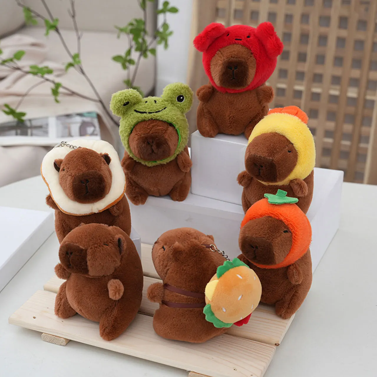 

13CM Strawberry Hat Capybara Plush Toy Simulation Turtle Backpack Capibara Stuffed Animals Papa Hand Circle Ring Pendant