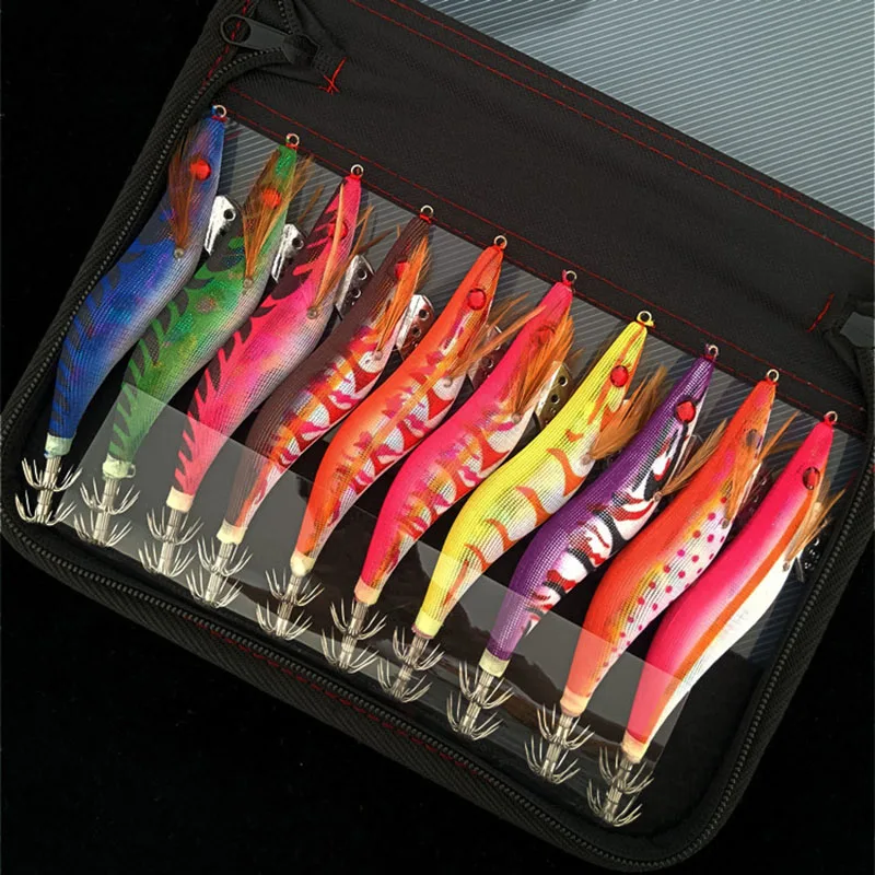 

10 шт., 12 г-21 г, приманка для кальмара, деревянная приманка для креветок, свинцовый джиг-крючок, рыболовные приманки для осьминога, каракатицы, искусственная светящаяся приманка для отсадки с сумкой