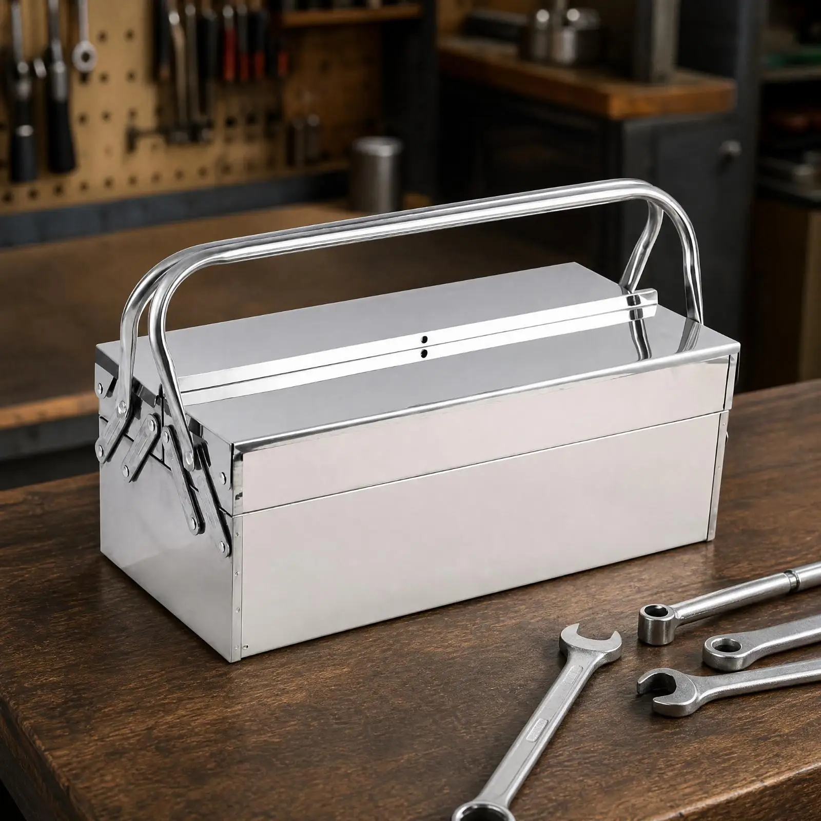 Multi Layer Storage Chest Stainless Steel Metal Tray Box with Double Layer Lid Structure for Vehicle and Workshop Gear