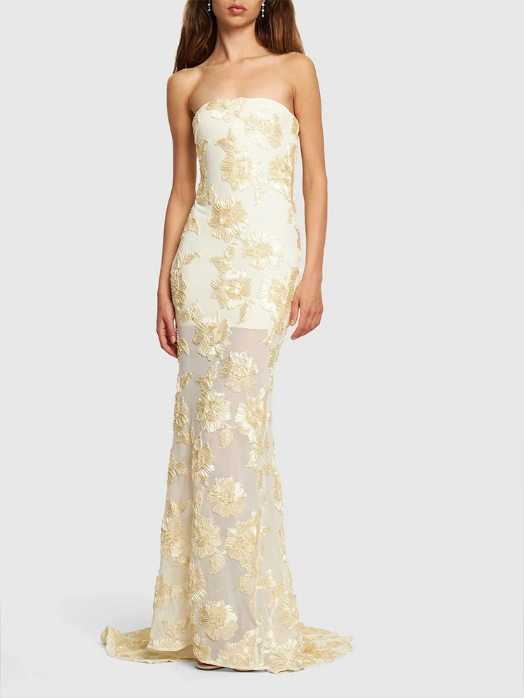 VC Summer New Sexy Lace 3D Flower Strapless Mermaid Maxi Dress Women Sleeveless Embroidered Floral Long Dress Elegant Dress