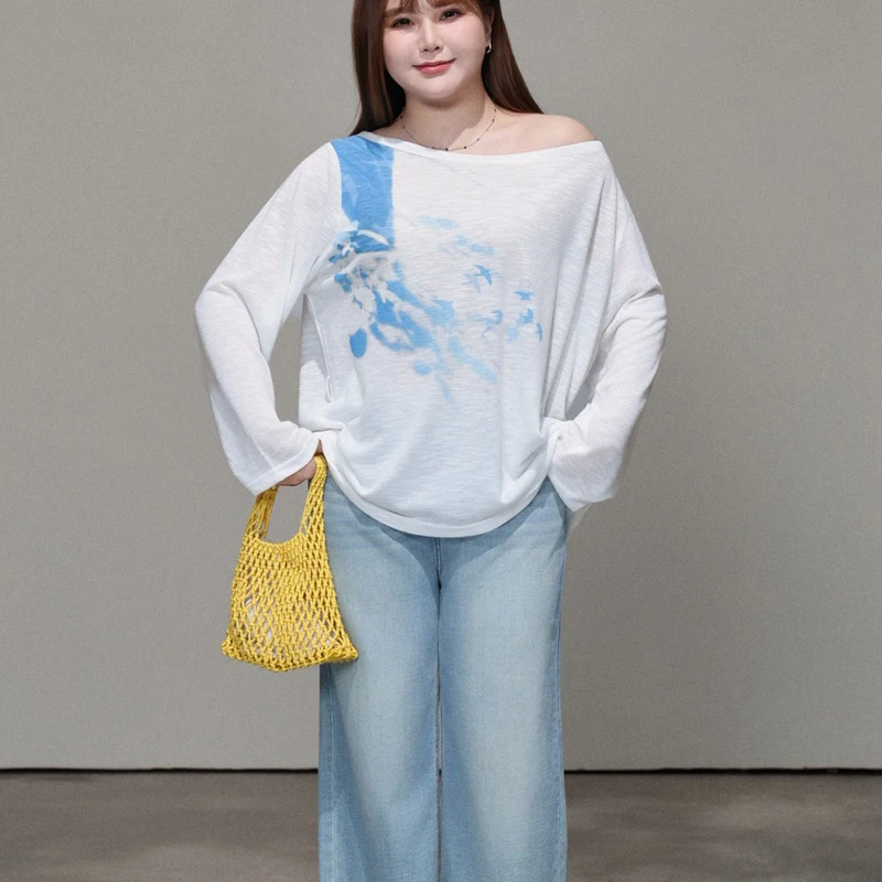 

2026 Spring Summer Premium Plus Size Knit Top Island Shell Print Loose Long Sleeve Slanted Shoulder Casual Tops For Women 9466