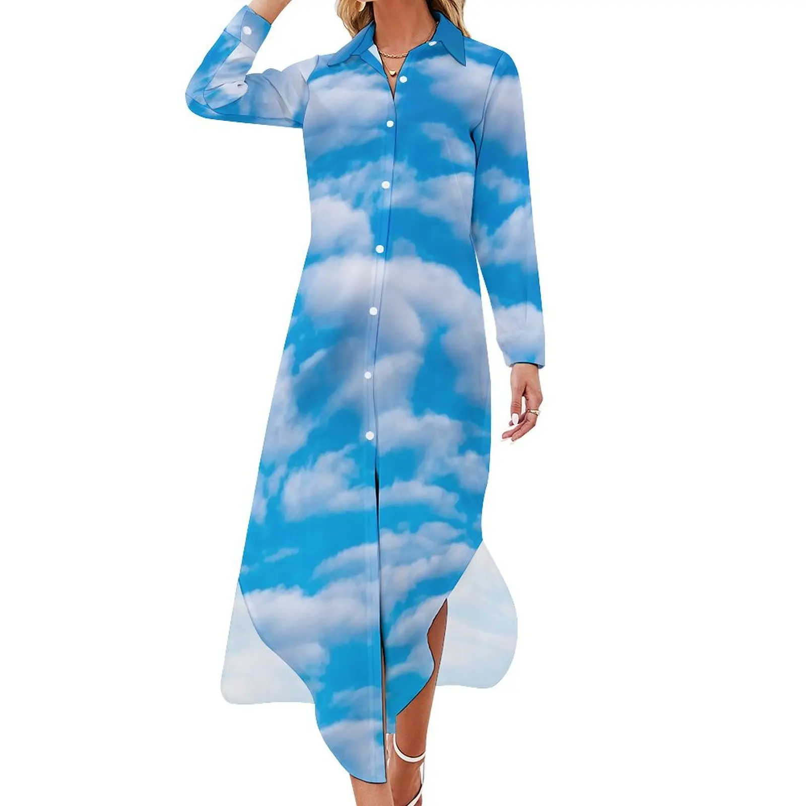 

Blue Sky White Clouds Long Sleeved Shirt Dress women's clothing trend 2024 dress party night dress for women summer