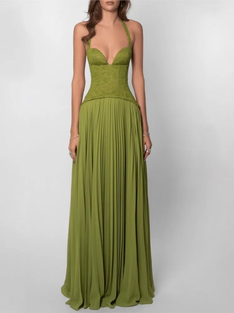 

Sexy V-neck Halter Dress Women Fashion Summer Green Waist Pleated Waist Strappy Backless Suspender Dress Women 2026
