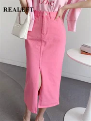 REALEFT Spring Summer High Waist Women's Denim Pencil Skirts 2024 New Casual Front Split Jeans Pink Wrap Midi Skirts Female