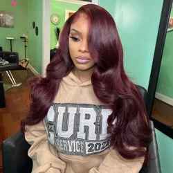 Long Human Hair Wig Dark Burgundy Body Wave 13x4 Lace Front Wig  with Baby Hair Remy Human Hair Wigs 180% Density