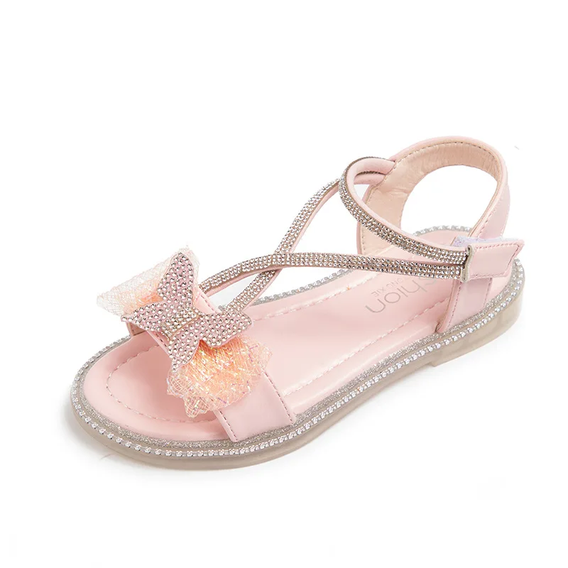 

Girls Bow Children Simple Rhinestone Britain Style Sweet Princess Chic Sandals for Party Wedding Shows 2023 Kids Fashion Simple