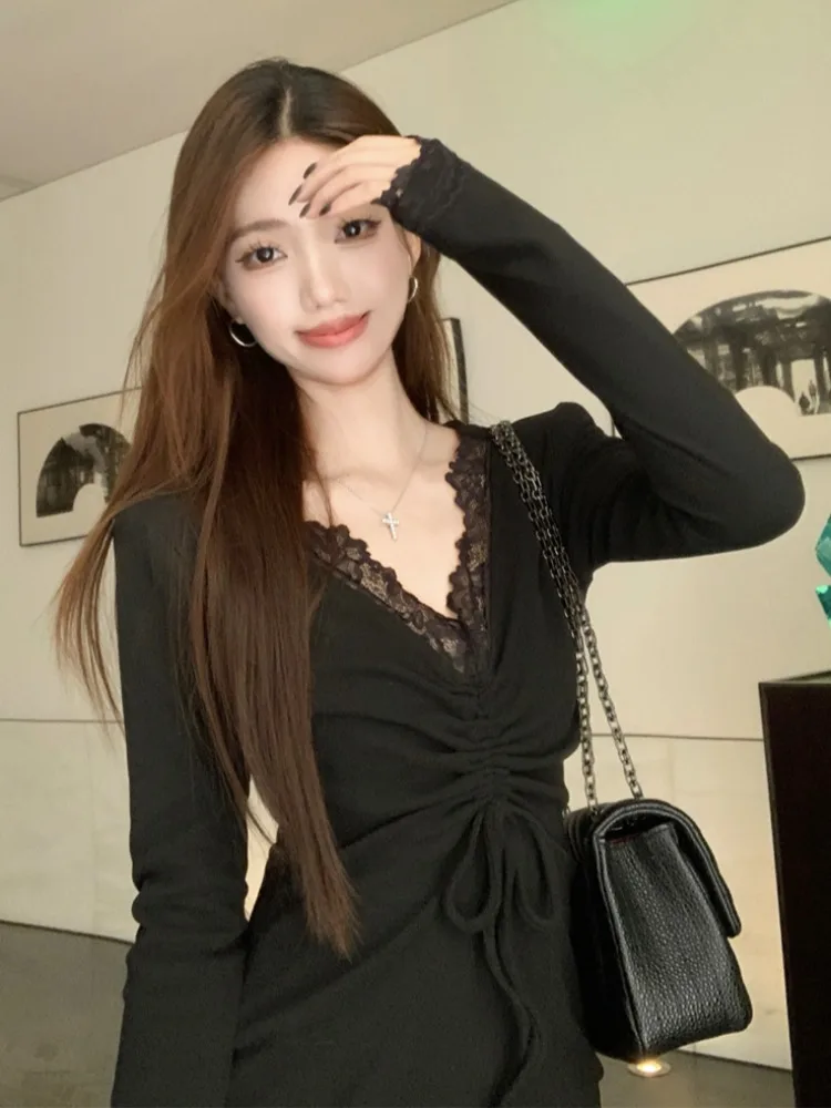 

Autumn Winter Women's Slim Fit Short Skirt Black Waist Cinch Butt Covering Lace Splicing V Neck Long Sleeve Dress Pure Desire