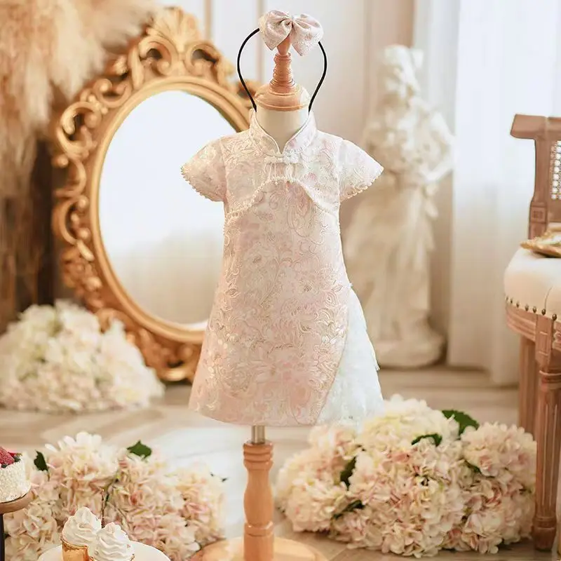 

Jill Wish Elegant Pink Chinese Style Flower Girl Dress High Neck Pearls A -Line for Baby Kids 1st Birthday Party Gown JM008