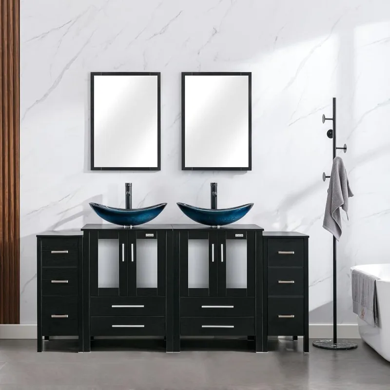 

72" Modern Bathroom Vanity Sink Combo Black W/Small Side Cabinets Blue Boat Glass Vessel Sink & Water Save Faucet & Pop U