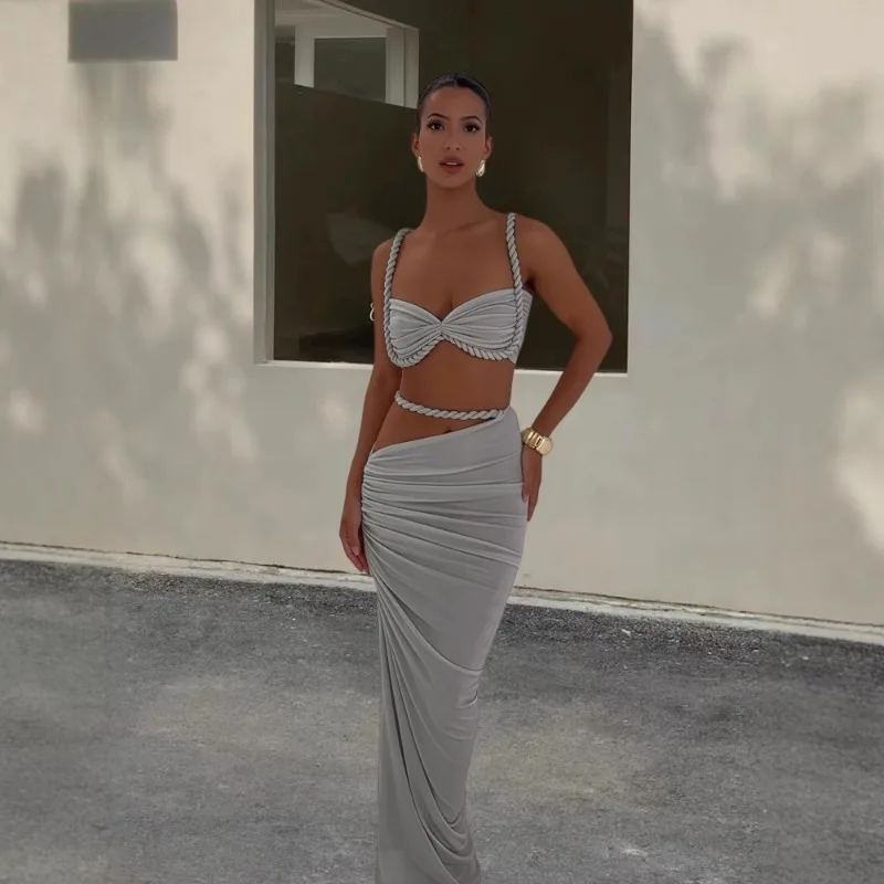 Beach Vacation Style Women's Sexy Swimsuit Backless Hanging Neck Suspender with Split Hips, Half Skirt Two-piece Set, New Style