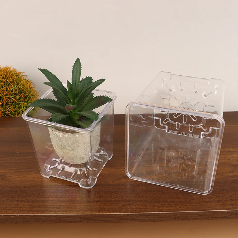 3 Size Square Transparent Acrylic Flower Pots Breathable Bonsai Plant Pot Desktop Decoration For Garden Yard Living Room Balcony