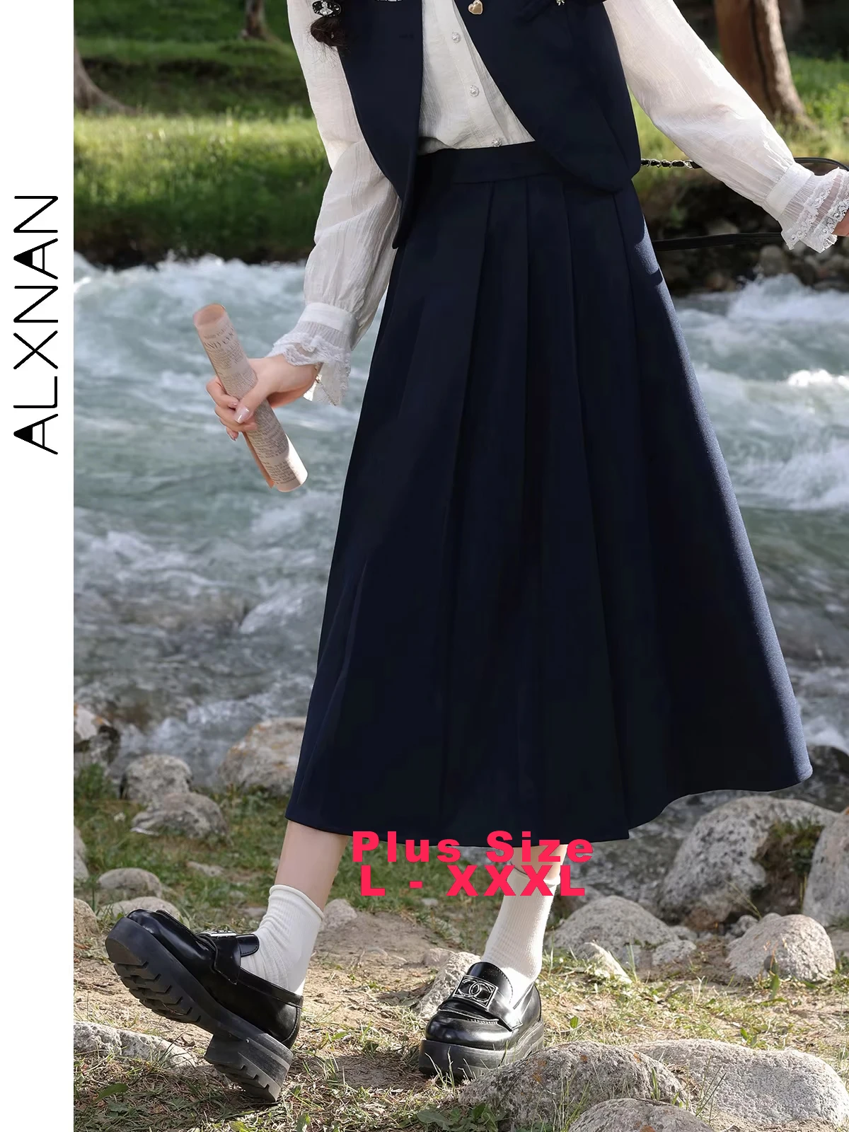 

ALXNAN Women's Basic Plus Size Skirts Solid Deep Blue High Waist A-line Fall Winter Pleated Midi Skirt Sold Separately D06017BSQ