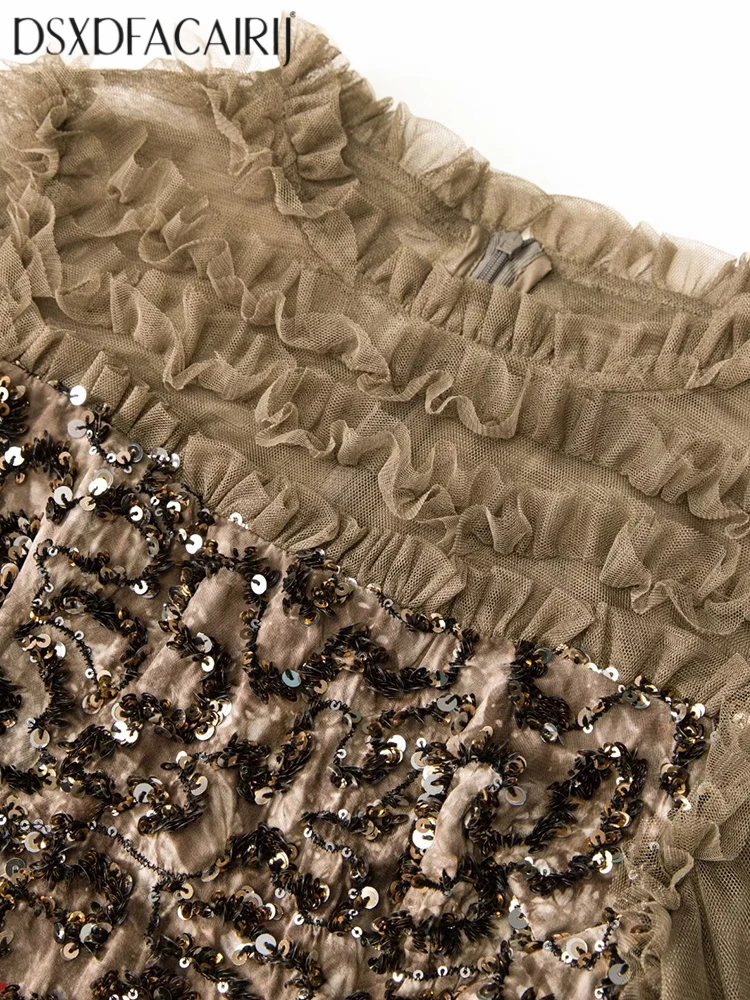 DSXDFACAIRIJ المرأة الترتر التطريز المرقعة فستان شبكي س الرقبة فانوس كم الكشكشة خمر ماكسي الخريف الإناث