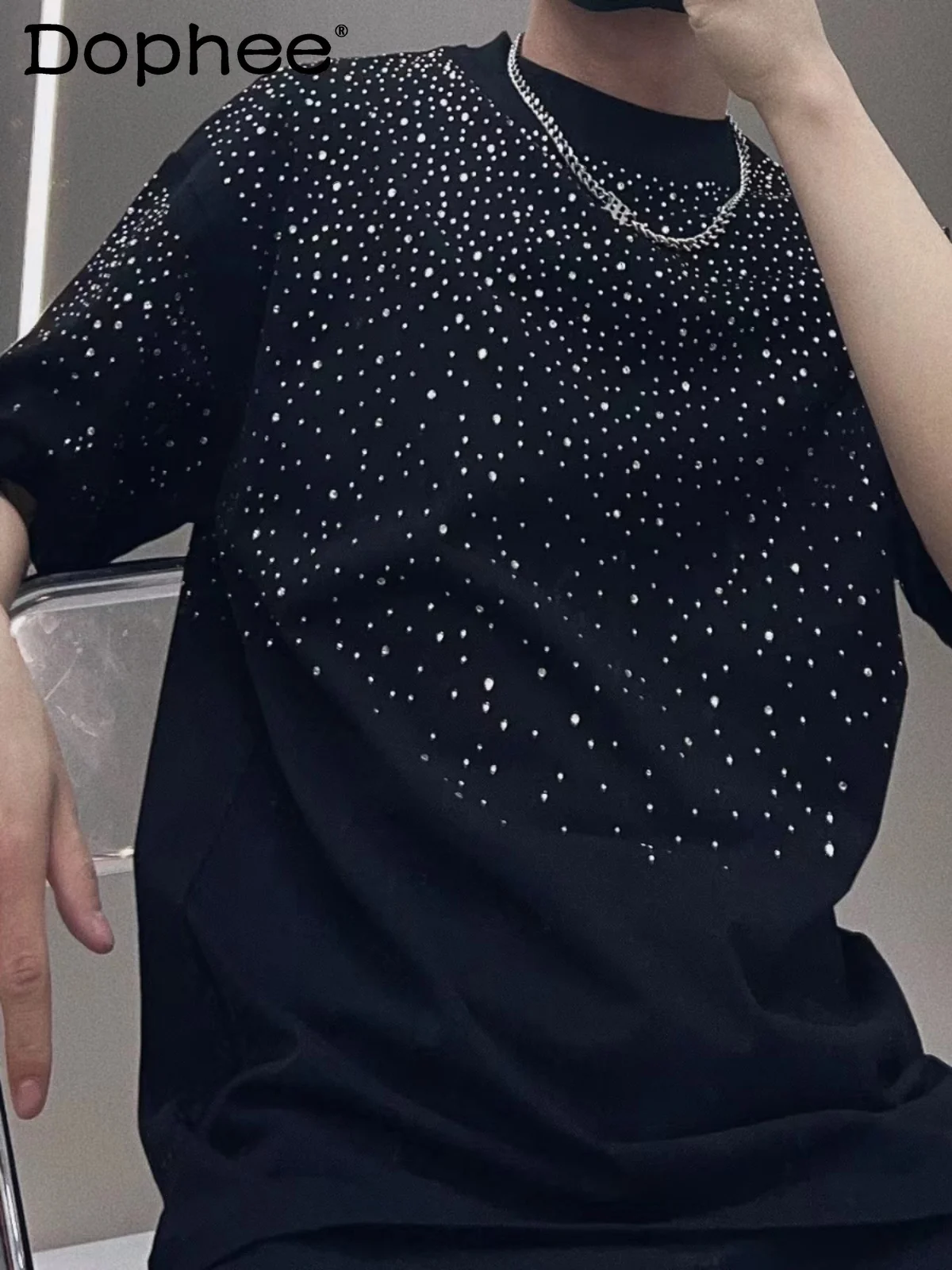 

2025 Summer New Starry Sky Rhinestone Loose Round Neck Short Sleeve T-Shirt Men's Casual Loose Comfortable Fashion Trend Top