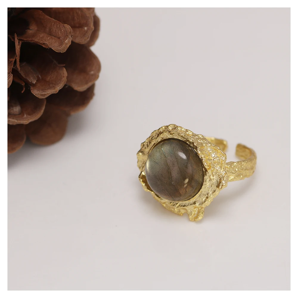 92.5 Sterling Silver Good Quality Texture Minimalist Gold Plated Rings with Labradorite Gorgeous Fine Jewelry