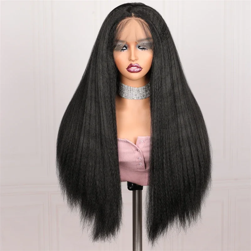 26inch Kinky Straight Soft Glueless Long Black Yaki Lace Frontal Wig For Black Women Babyhair Preplucked Daily Cosplay