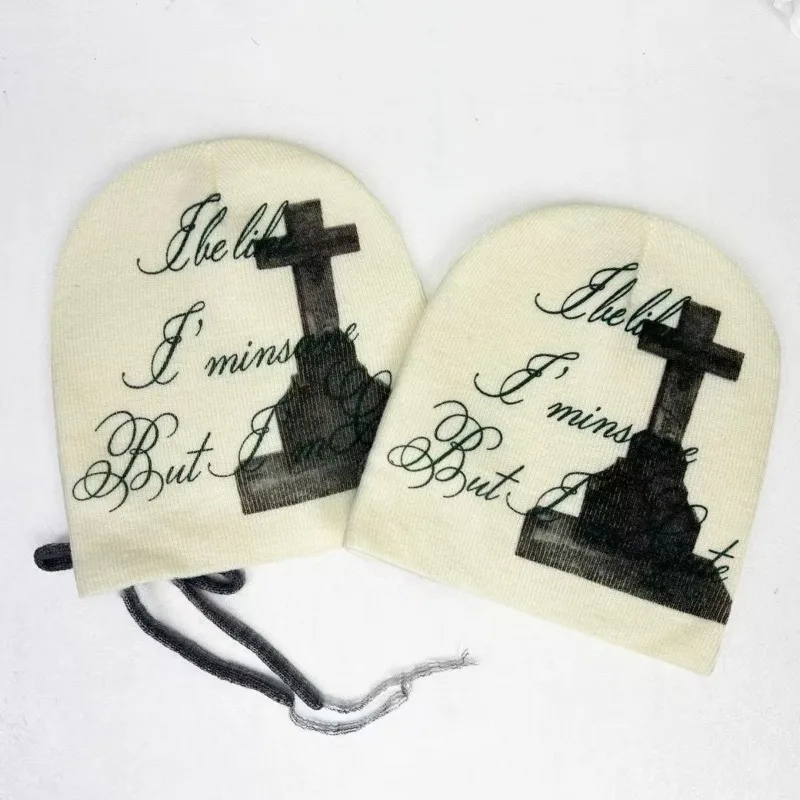 

Winter Gothic Punk Printing Knitt Hat Cool Girls Punk Women Knitted Hat Harajuku Subculture Knitted Hat Y2k Aesthetics Warm Hats