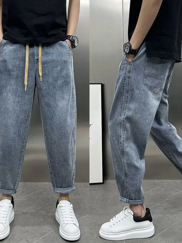 

High-End Thiened Loose Straight Leg Denim Pants Harlan Sle Versatile Autumn Winter Casual Loose Fit Dstring Waist