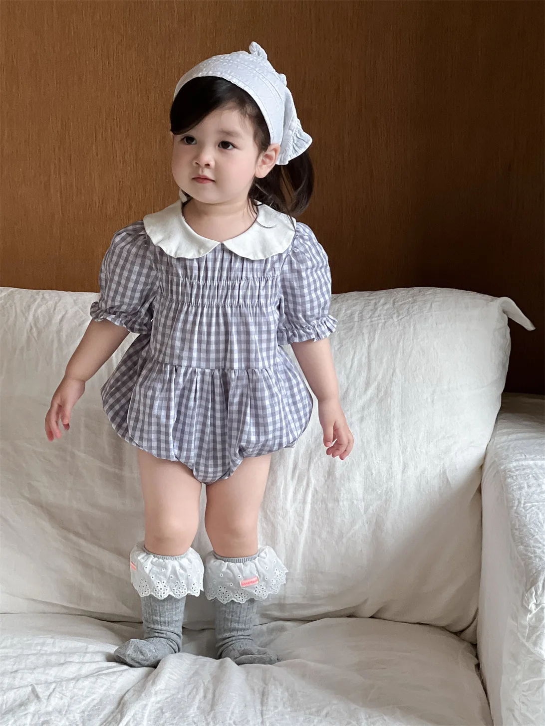 

2025 Summer New Baby Girl Short Sleeve Plaid Bodysuit Newborn Toddler Cute Peter Pan Collar Jumpsuit Cotton Infant Girl Clothes