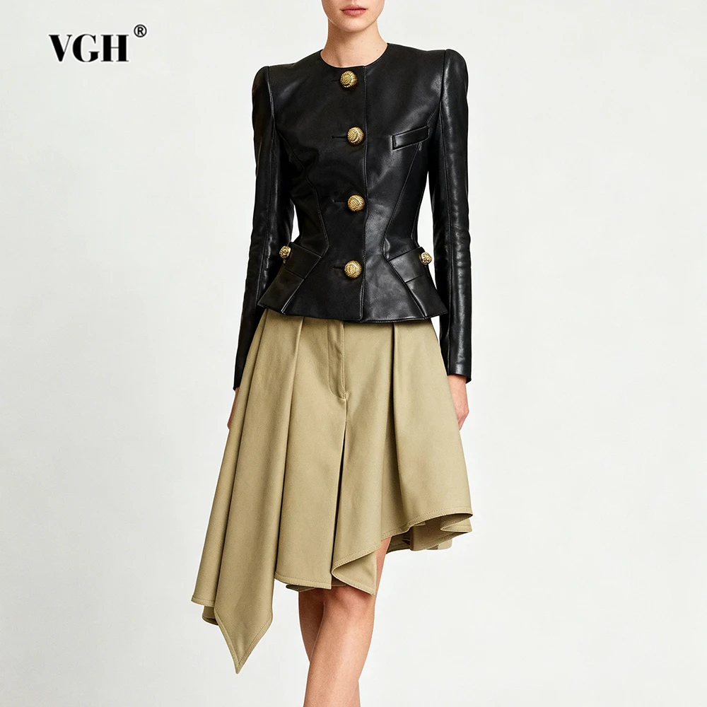 VGH Temperament Hit Color Slimming Two Piece Sets For Women Round Neck Long Sleeve Top High Waist Skirt Chic Set Female Fashion
