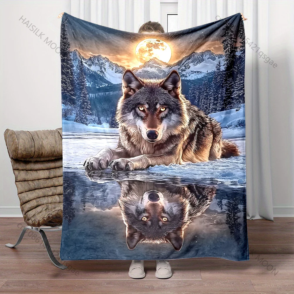 Multiple sizes Wolf on ice with moon reflection print blanket adult children warm for home travel soft and comfortable blanket