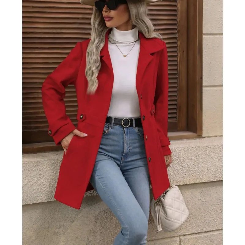 Otoño/Invierno nuevo abrigo Casual para mujer moda favorecedora holgada solapa con muescas de una sola fila Multi-botón chaqueta de lana de longitud media