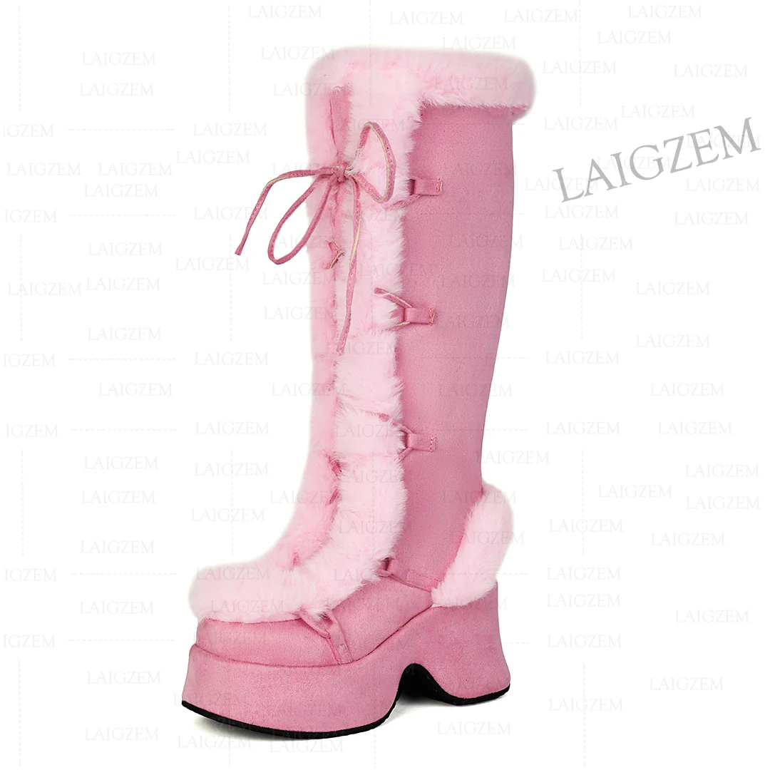 

ZHIMA Sweet Women Calf/Knee High Boots Platform Fluffy 8.3CM Thick High Heels Boots Elegant Shoes Woman Plus Size 34 38 41 43
