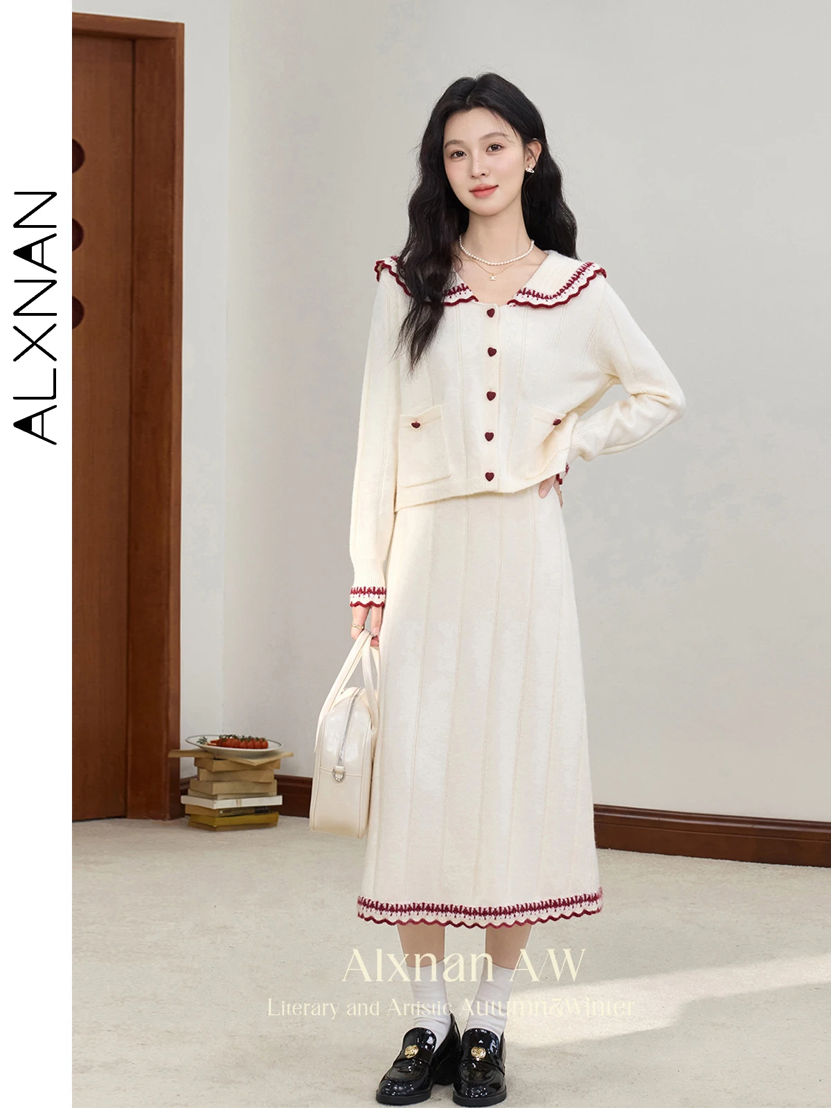 

ALXNAN Абрикосовые юбки с цветными блоками в стиле пэчворк Юбки средней длины с эластичной резинкой на талии Осень-зима Юбка трапециевидной формы для поездок на работу L51607BSQ