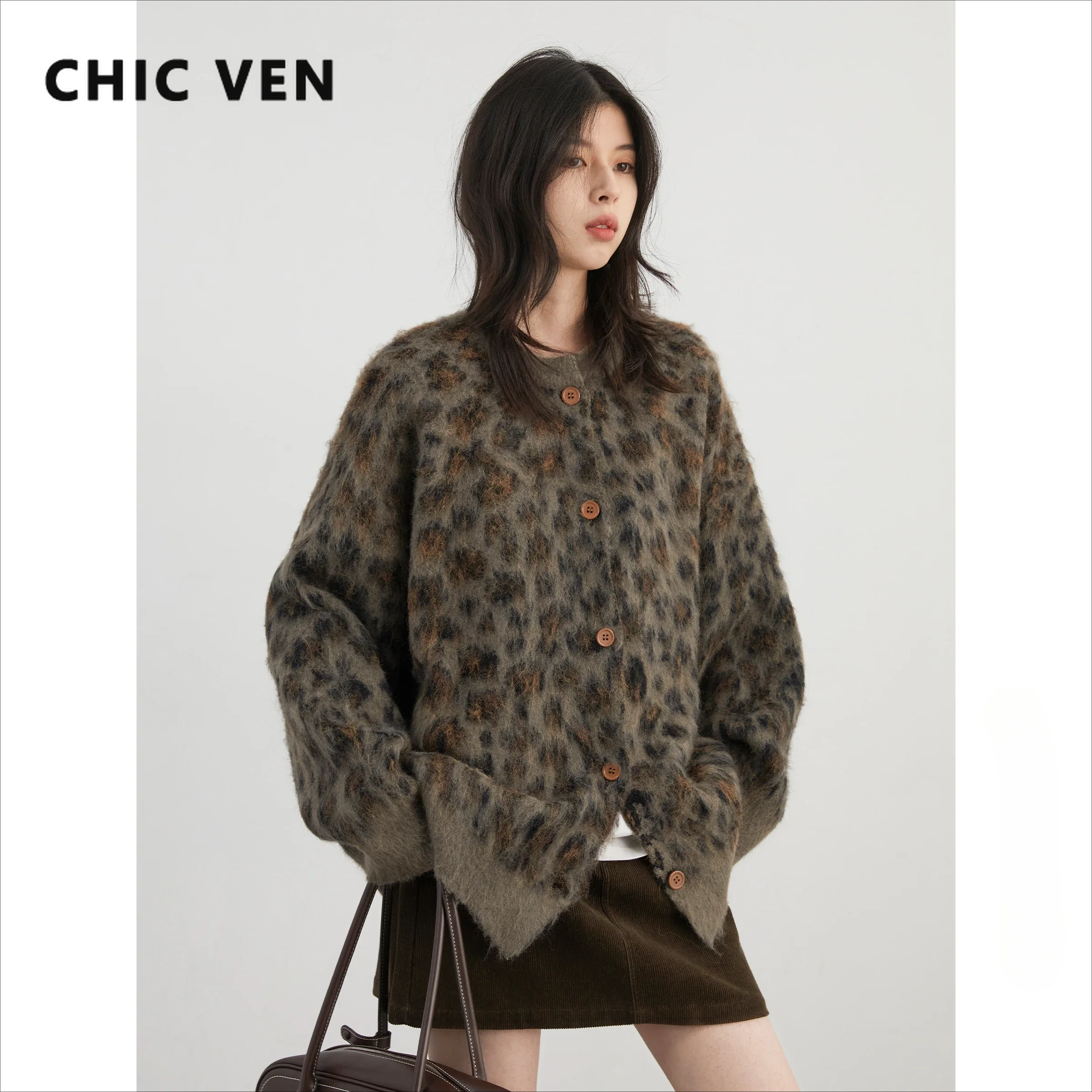 CHIC VEN Women Cardigan Loose New Retro Single Breasted Leopard Print Sweater Jacket Female Knitted Jumpers Autumn Winter 2024