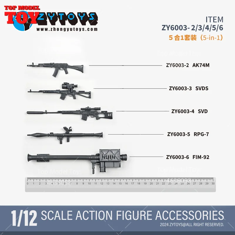 ZYTOYS ZY6003 1/12 Scale Black MP7/AK74M/SVDS/SVD/RPG-7/FIM-92 Weapon Set Model ABS Fit 6'' Soldier Action Figure Body Dolls