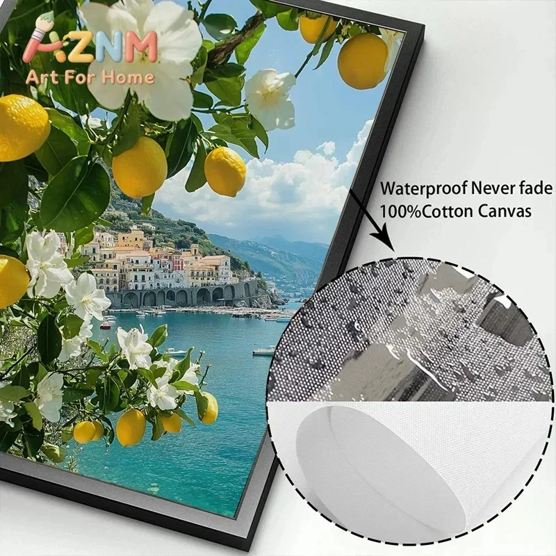 Unframed Canvas Wall Art Italian Coastal Summer Beach Print, Mediterranean Lemon Sea Scenery Poster for Living Room view 6