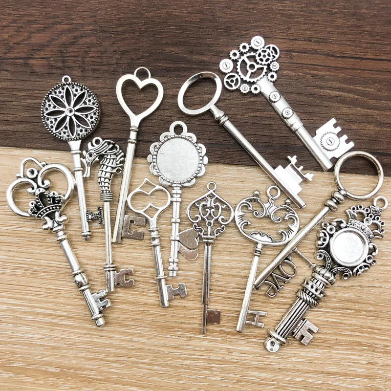 2pcs Vintage Large Crown Love Heart Key Pendants Charm For Jewelry Making Antique Silver Plated Big Key Charm Pendant Key Retro