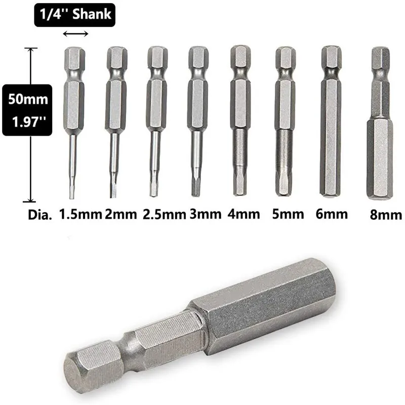 Hex Screwdriver Set S2 Steel H1.5-8 Inner Hexagon Head 1/4‘’ Shank Magnetic Electric Drill Screw Driver Bit Hand Repair Tools