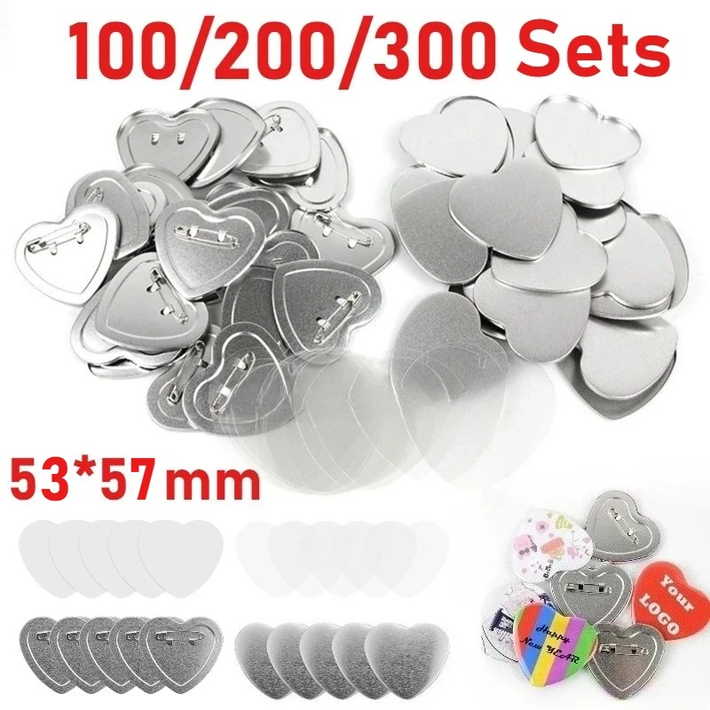 

100/200/300 Sets 53*57 Heart Shaped Button Maker Supplies With Metal Blank Pins Heart Badge Parts with Clear Film Blank Paper