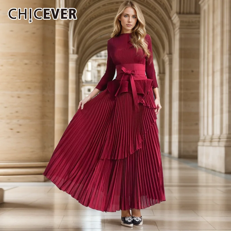 

CHICEVER Solid Women 2 Piece Sets O Neck Long Sleeve Tops High Wiast Spliced Lae Up Irregular Oversizer Skirts Suits Female New