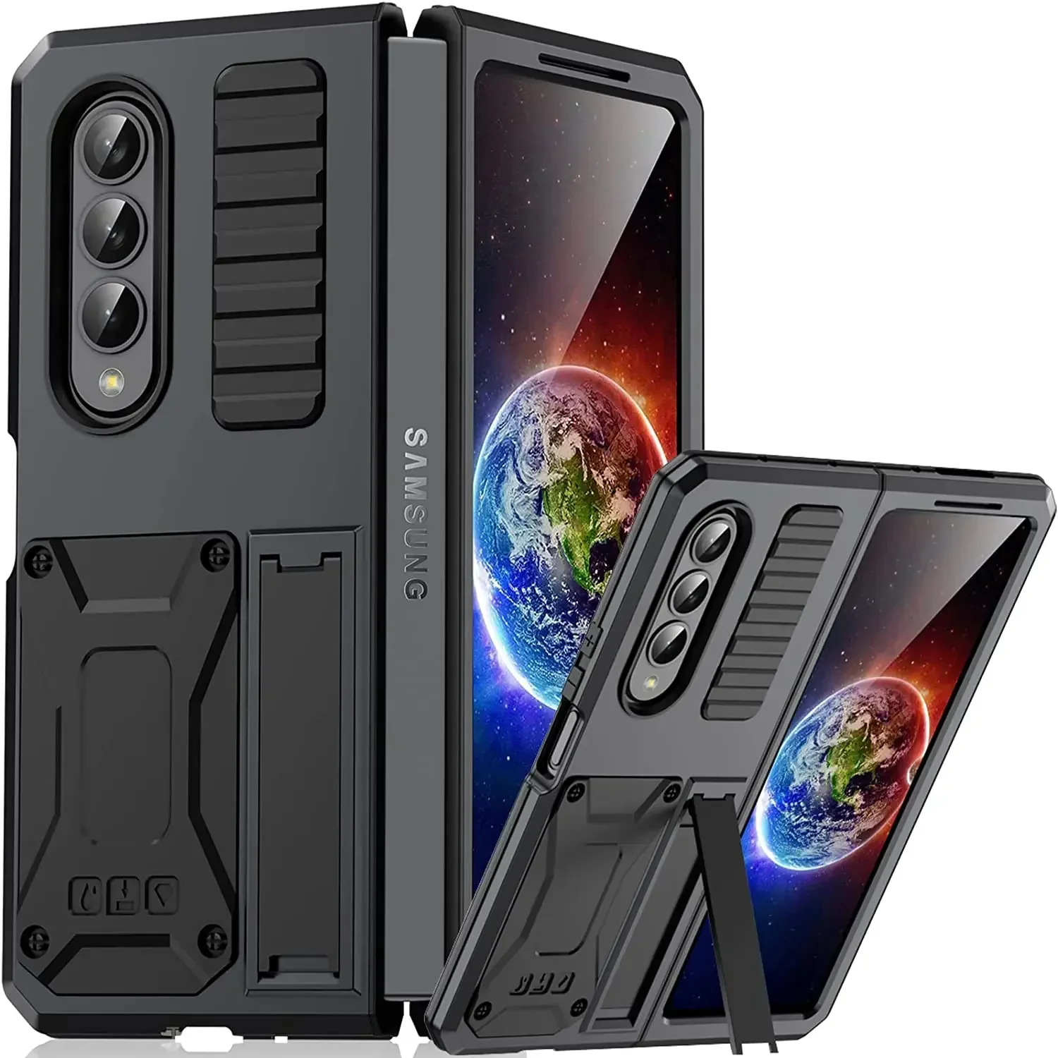 Metal Armor Phone Case For Samsung Z Fold 4 5G Heavy Duty Bumper Dustproof Dropproof Shockproof Protective Cover With Kickstand