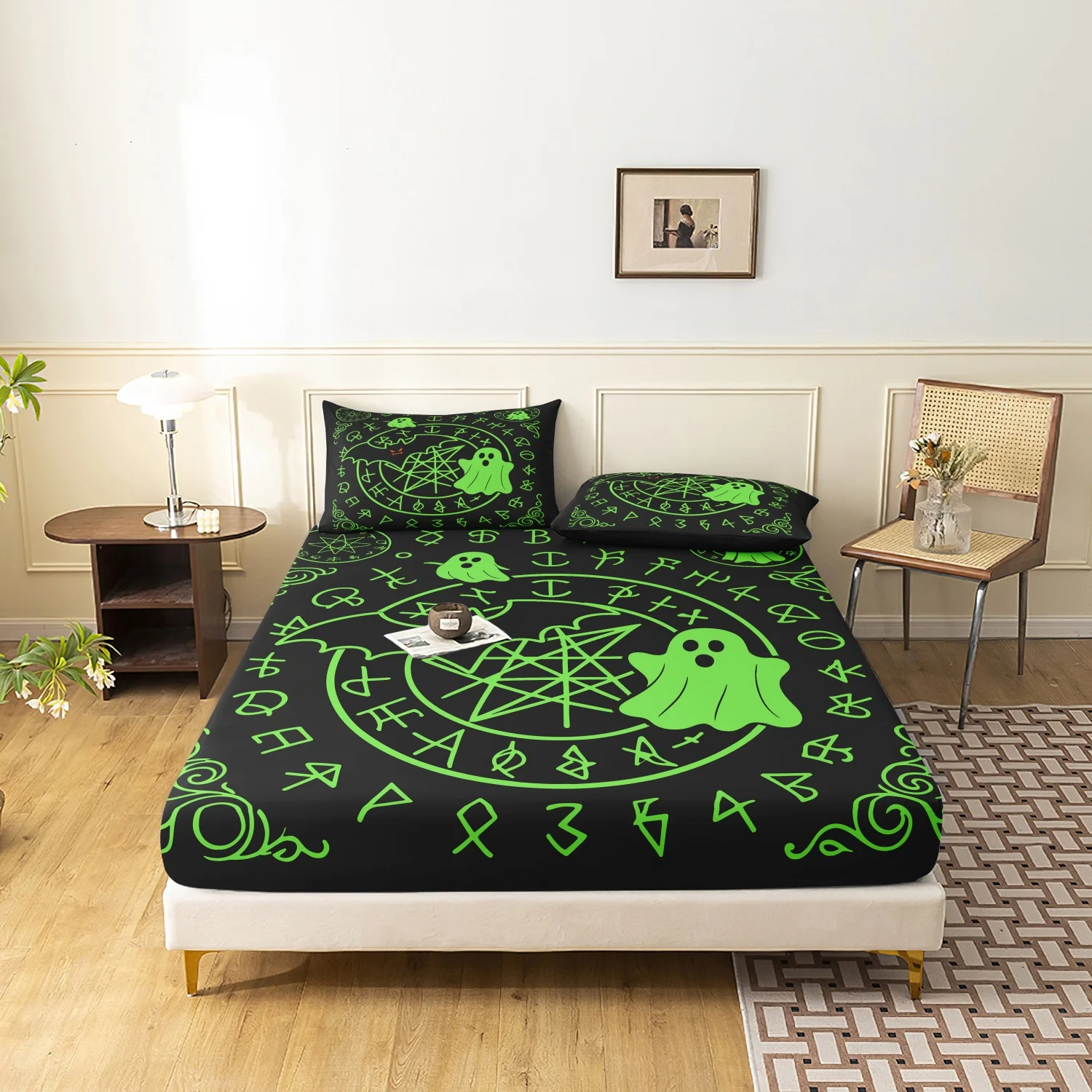 3 Pieces Dark Gothic Ghost Print Fitted Sheet Set, Black Green Rune Symbol Pentagram Spooky Halloween Pattern Bedding,