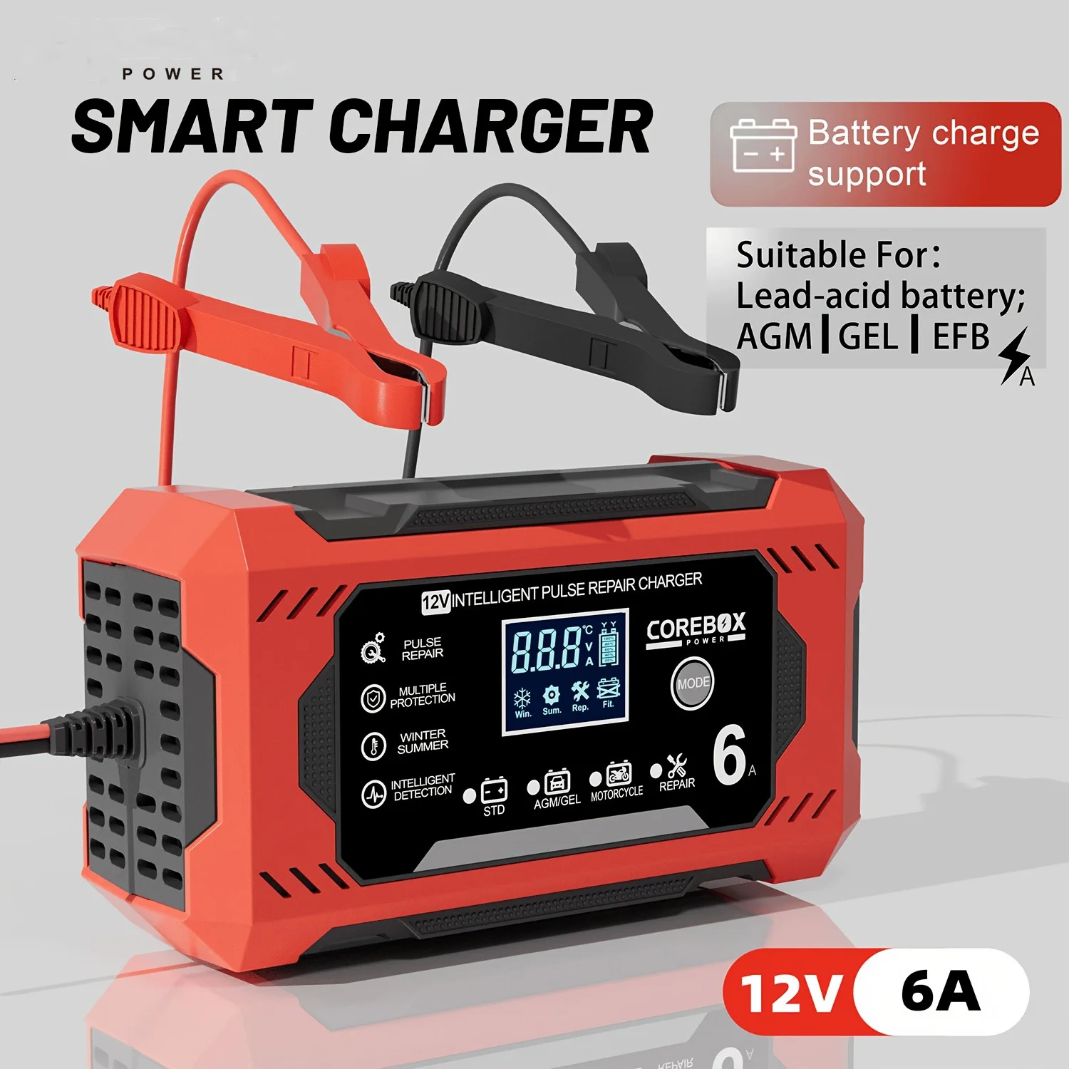 

Умное зарядное устройство 12 В, 6 А с ЖК-дисплеем — универсальное зарядное устройство для свинцово-кислотных трюков для автомобилей, грузовиков, мотоциклов