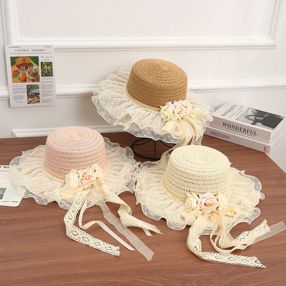 

Spring Summer Women's Sun Hat with Woven Crown Lace Brim Ruffled Design Decorative Flowers Polyester Size 56-58cm