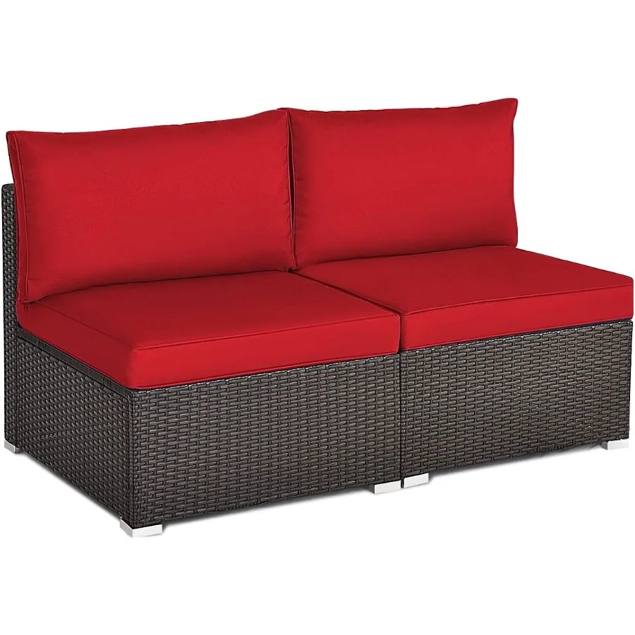 2 PCS Outdoor Wicker Armless Sofa Patio Rattan Sectiol Sofa Set w 2 Thick Seat Cushions and 2 Back Cushions Additiol Seats for