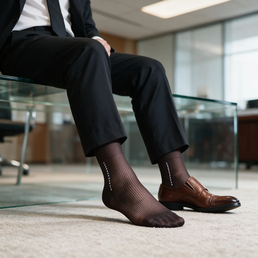 Men's Sheer Dress Socks Ultra Thin See Through Ribbed Mid-Calf Business Formal Breathable Transparent Silk Nylon Suit Socks