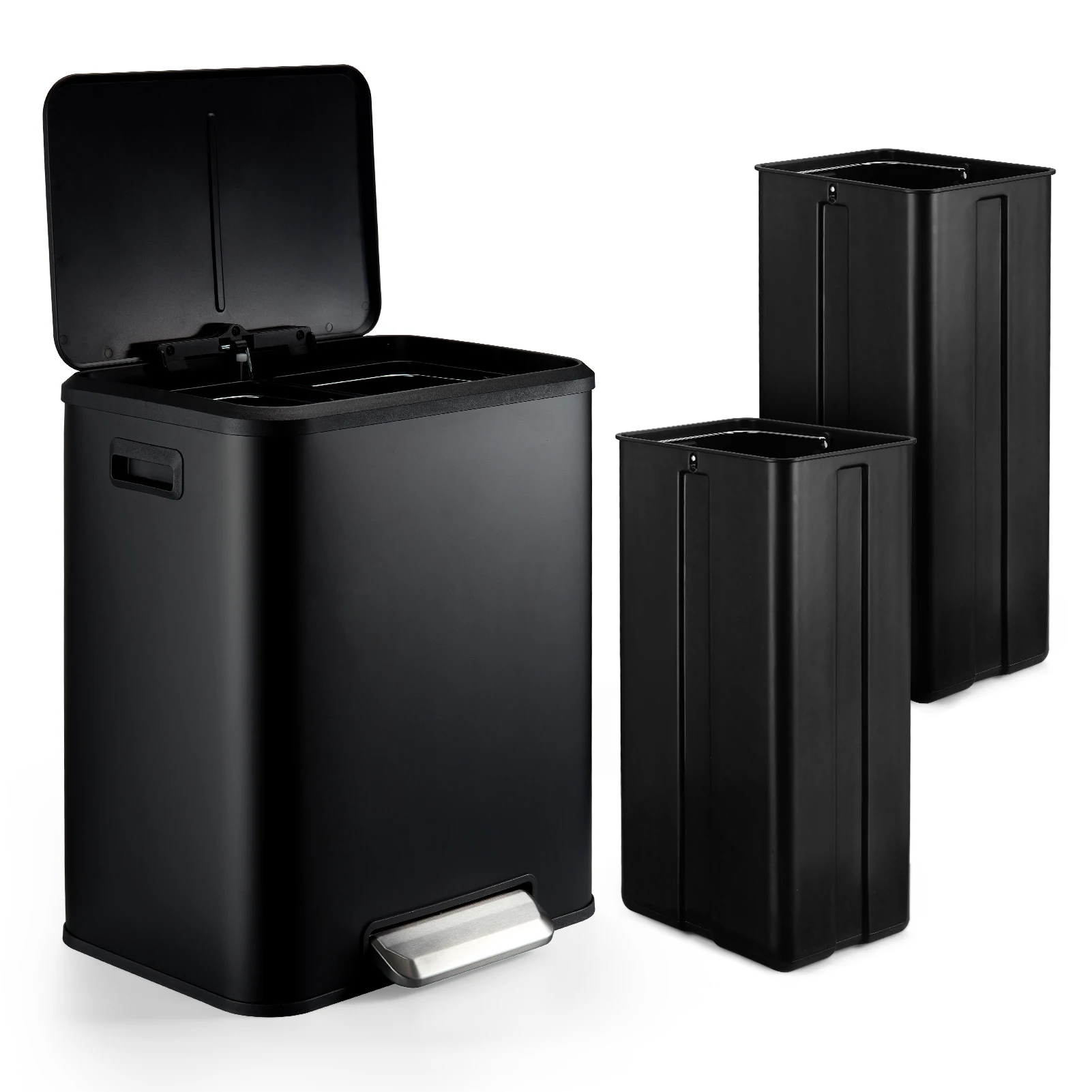 Bidone per Rifiuti Quadrato Nero da 30L (15L+15L) in Lamiera Zincata+PP+ABS Verniciato a Polvere