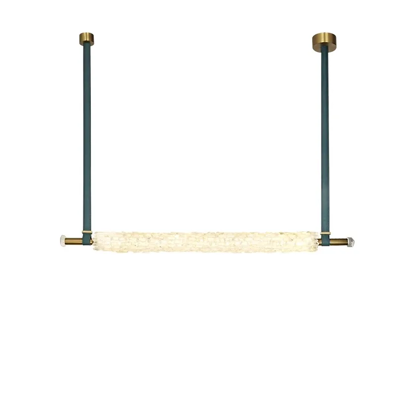 Dining Table Pendant Lamp Led Luxury Green Leather Belt Ceiling Lighting Home Decor Natural Crystal Chandelier Modern Long