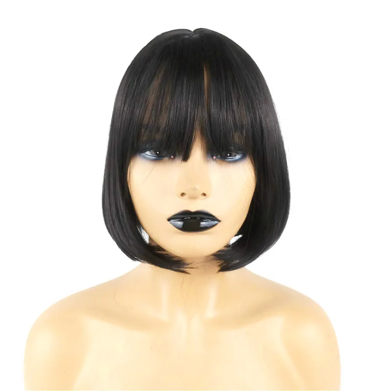 Easy to wear black bangs bob wig, women's full head cover, lightweight design, cute and simple hairstyle