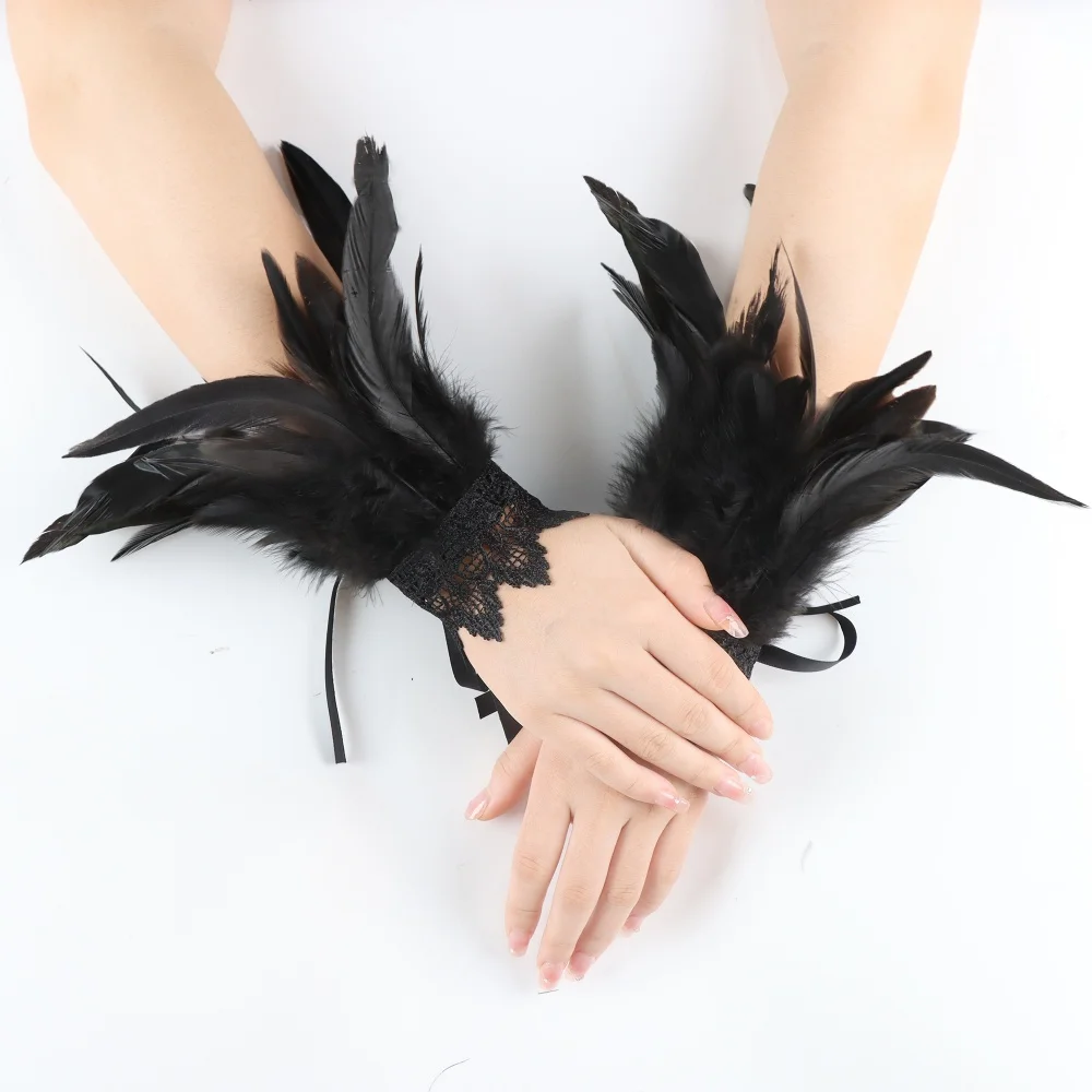 Guanti con polsini in piume naturali Party Cosplay Maniche da polso in pizzo Maniche in peluche Accessori pelosi Costume da spettacolo teatrale di carnevale