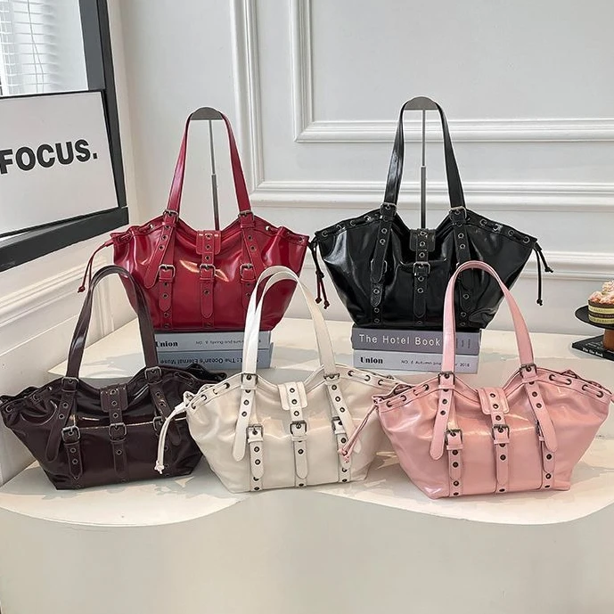Retro-punk Drawstring Tie American PU Leather Y2k Large-capacity Storage Bag Shoulder Bags Handbag Woman Bag Tote Bags Purse