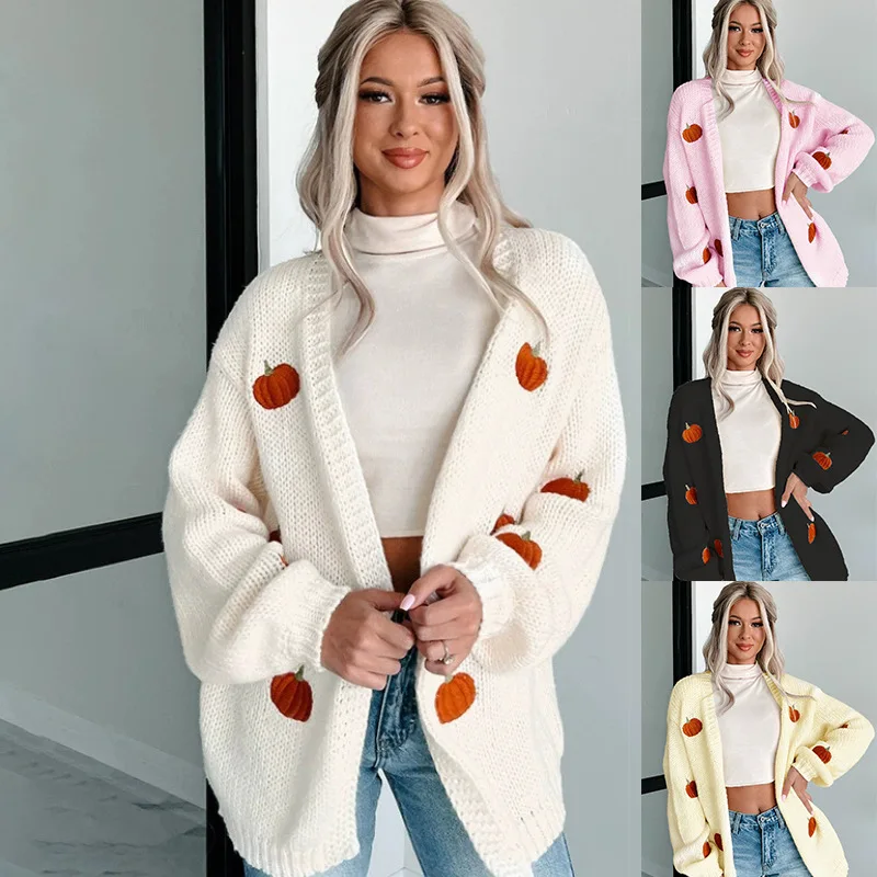 

New solid color pumpkin embroidered three-dimensional knitted sweater women's street trend cardigan sweater long-sleeved jacket